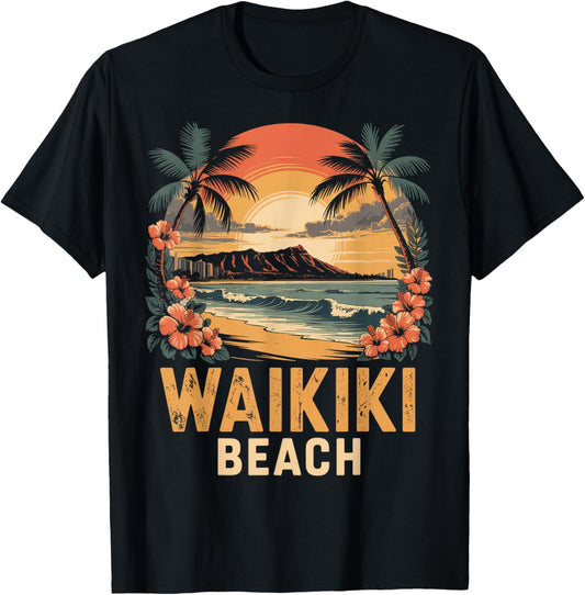 Tropical Waikiki Honolulu Hawaii Island Waikiki T-Shirt - T-Shirt | Black