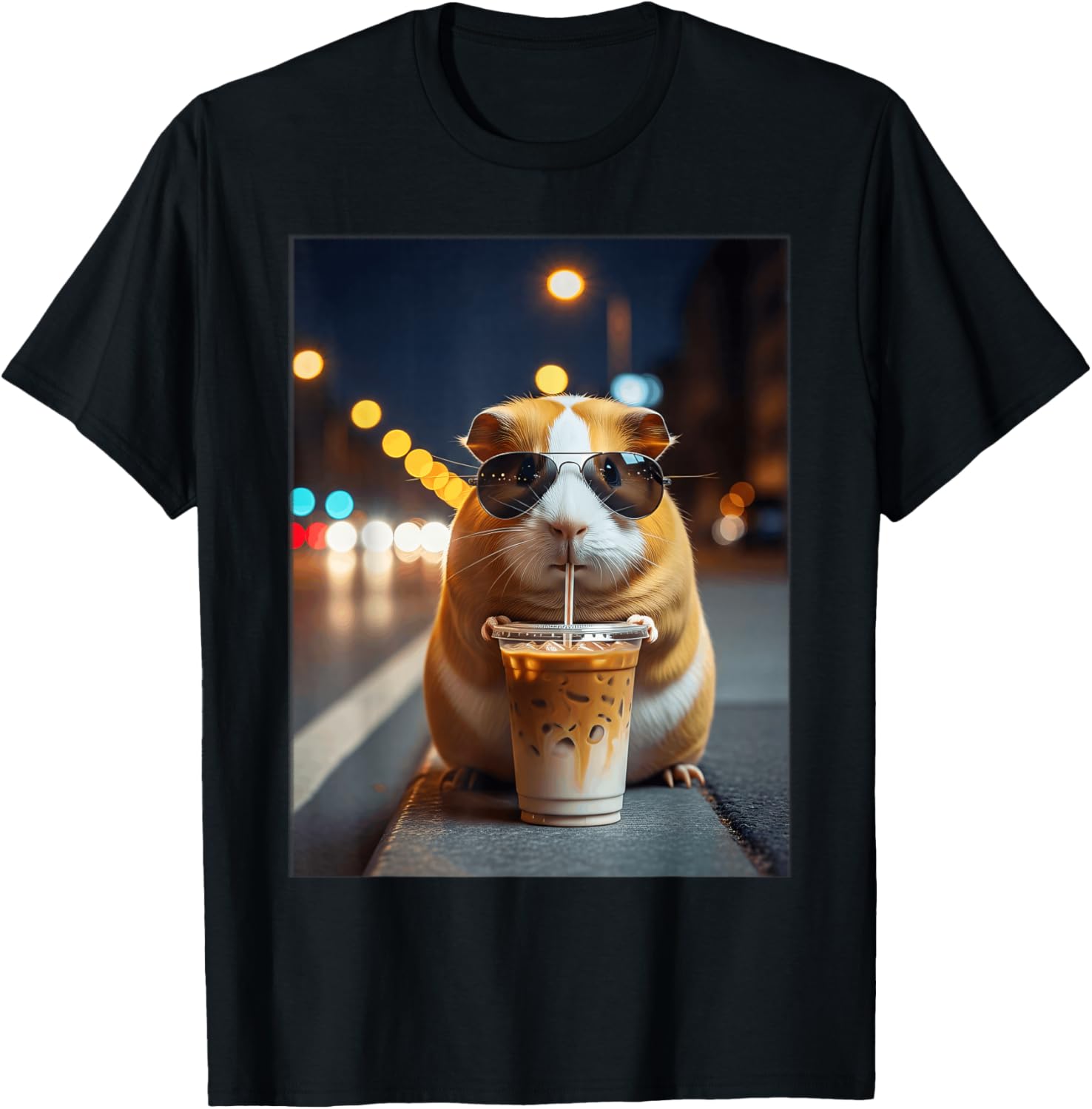 Funny Guinea Pig Drinking Iced Coffee Meme T-Shirt - T-Shirt | Black