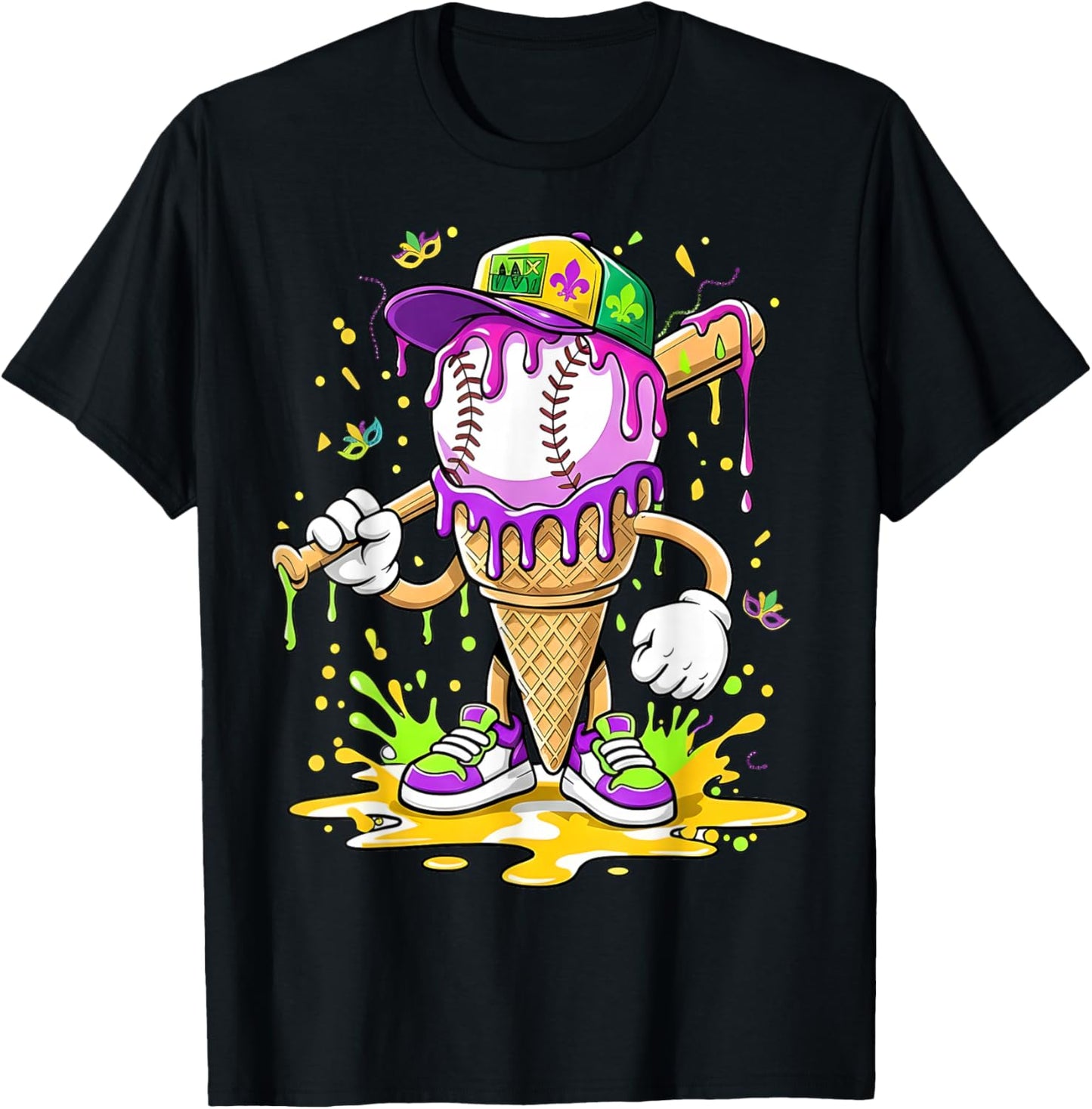 Kids Baseball Drip Ice Cream Apparel Kids Boys Mardi Gras T-Shirt - T-Shirt | Black
