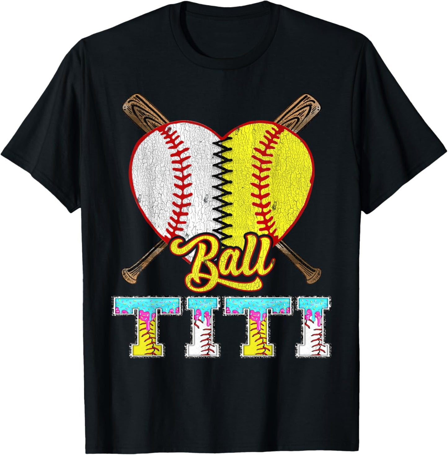 Titi of Both Half Baseball Softball Ice Cream Drip T-Shirt - T-Shirt | Black