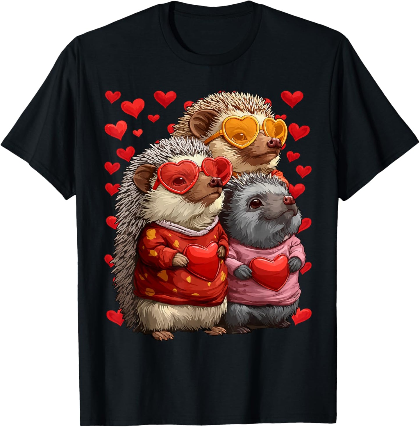 Cute Hedgehogs with Heart Sunglasses Valentines Day Hearts T-Shirt - T-Shirt | Black