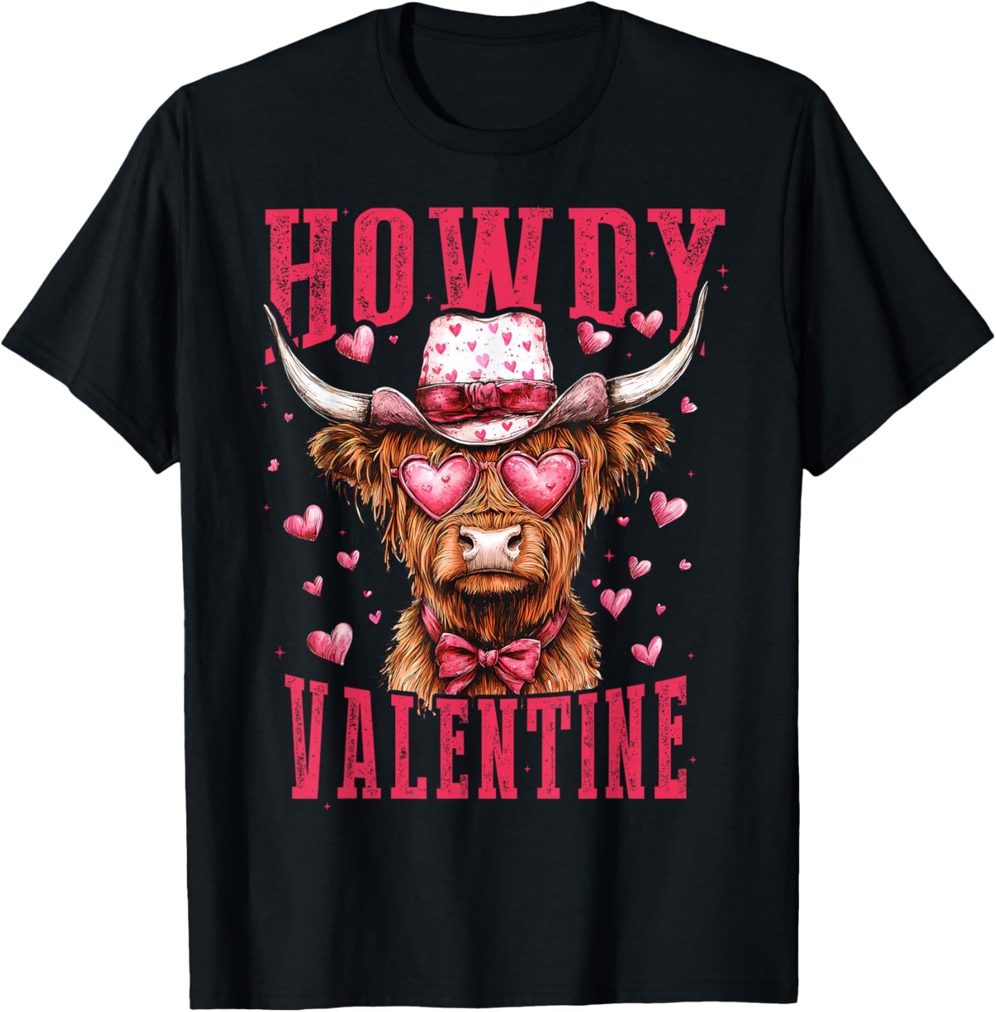 Retro Howdy Valentine Western Highland Cow Heart Glasses T-Shirt - T-Shirt | Black