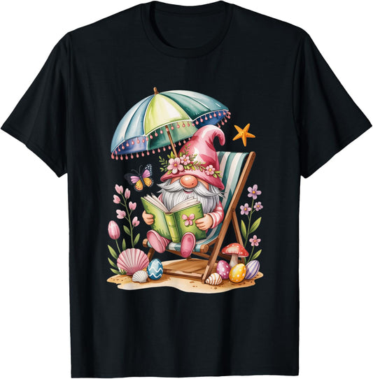 Cute Summer Relaxing Gnome Art for Book Lovers T-Shirt - T-Shirt | Black