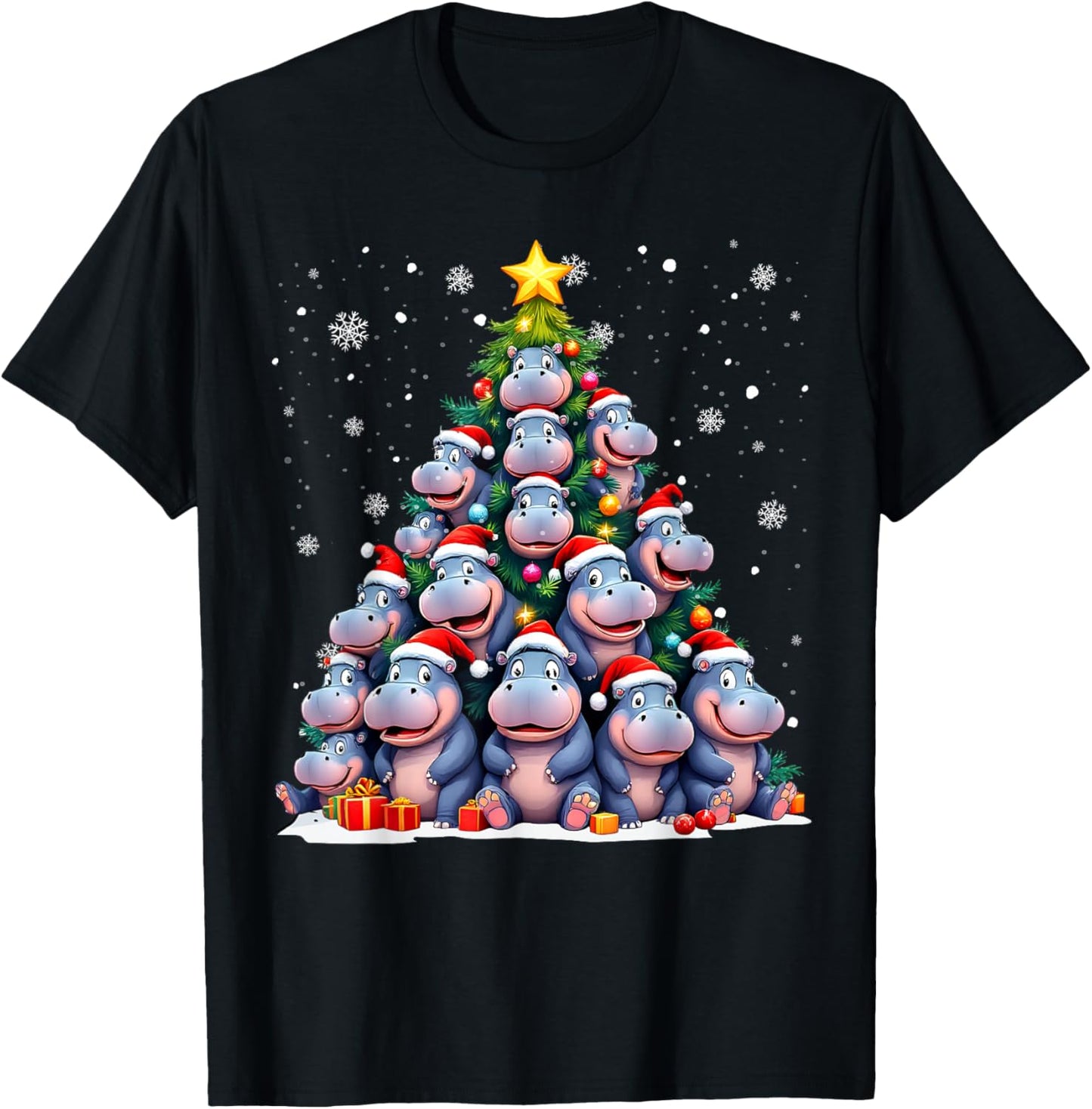 Funny Christmas Tree Hippo Family Xmas Pajamas T-Shirt - T-Shirt | Black