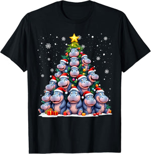 Funny Christmas Tree Hippo Family Xmas Pajamas T-Shirt - T-Shirt | Black