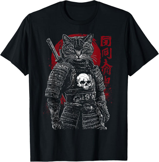 Samurai Cat Warrior Ukiyo Ink Artwork Soldier Cat Samurai T-Shirt - T-Shirt | Black