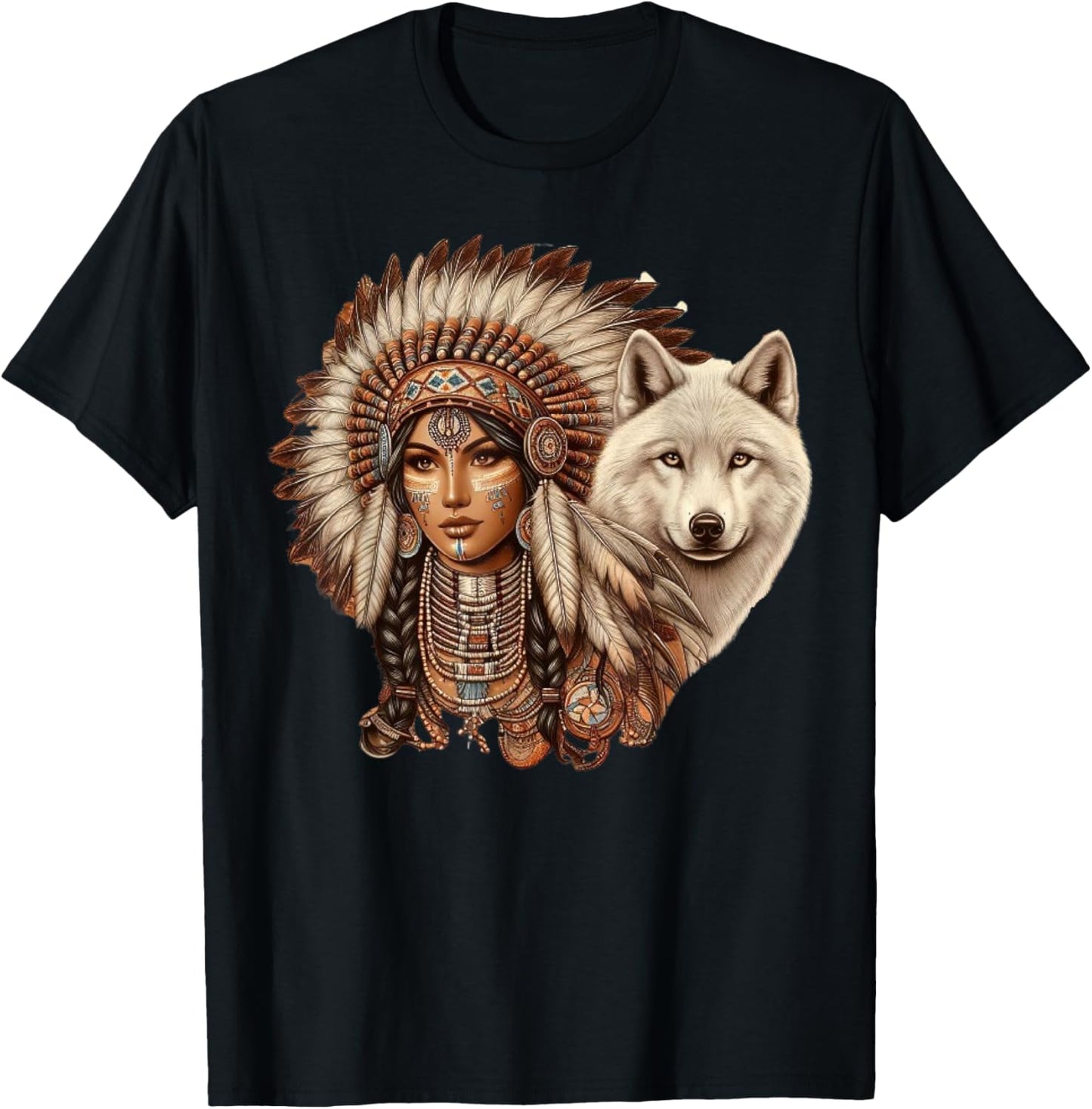 Indian Native American Woman with White Wolf Vintage T-Shirt - T-Shirt | Black
