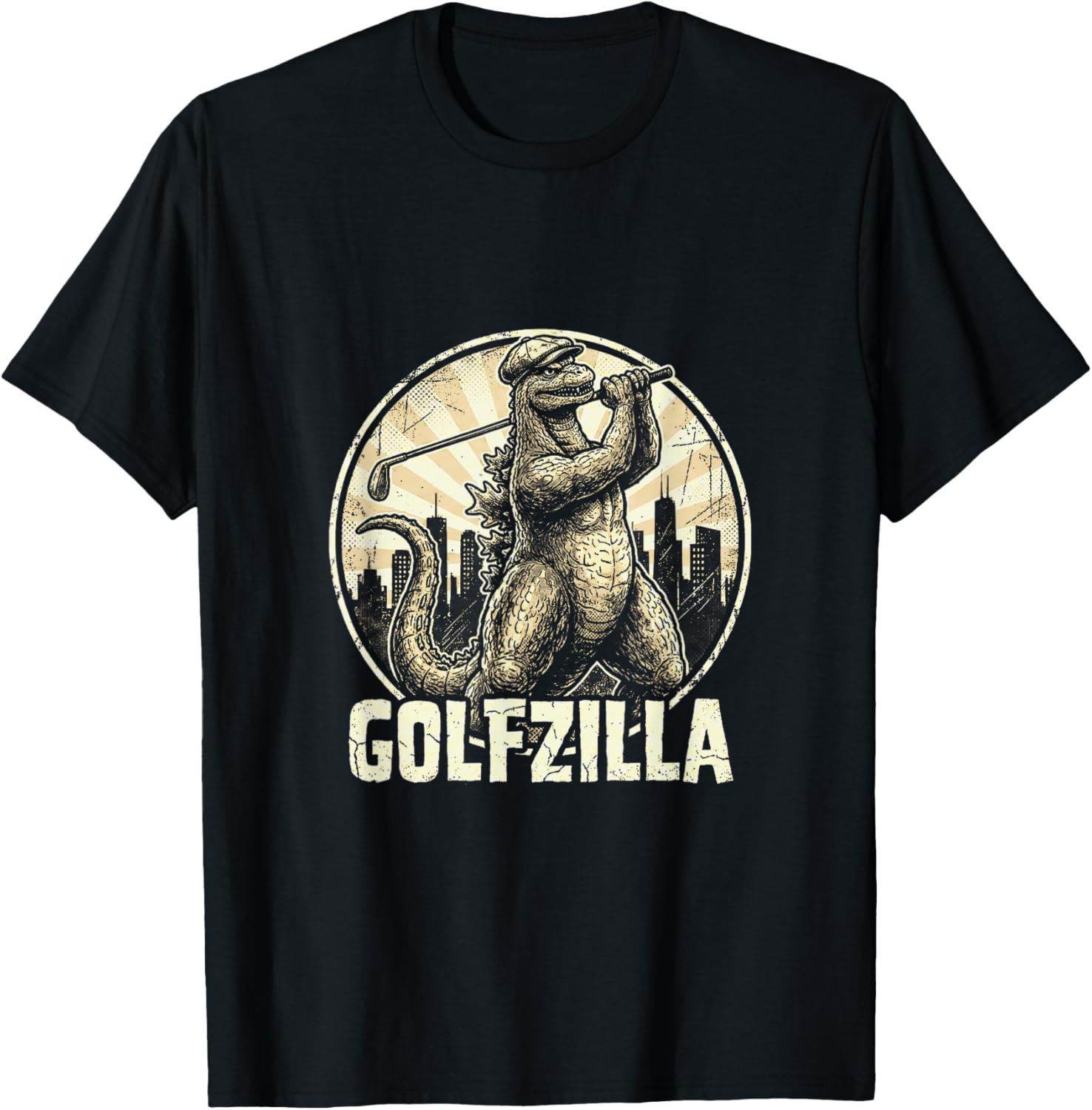Golfzilla Humorous Giant Reptile Golfer Cityscape Game T-Shirt - T-Shirt | Black