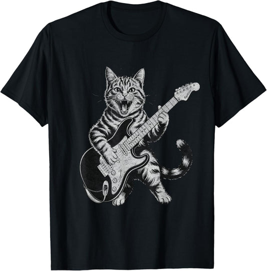 Funny Cat Playing Guitar Rock and Roll , and Kids T-Shirt - T-Shirt | Black