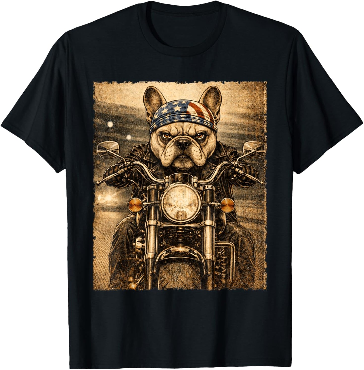 Vintage French Bulldog Dog Biker Frenchie Riding Motorcycle T-Shirt - T-Shirt | Black