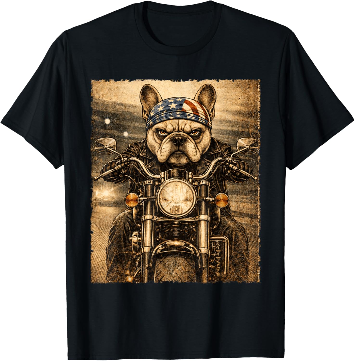 Vintage French Bulldog Dog Biker Frenchie Riding Motorcycle T-Shirt - T-Shirt | Black