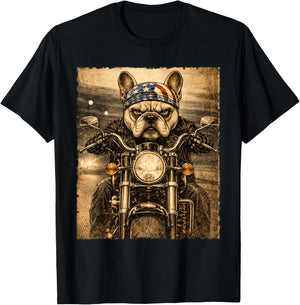 Vintage French Bulldog Dog Biker Frenchie Riding Motorcycle T-Shirt - T-Shirt | Black