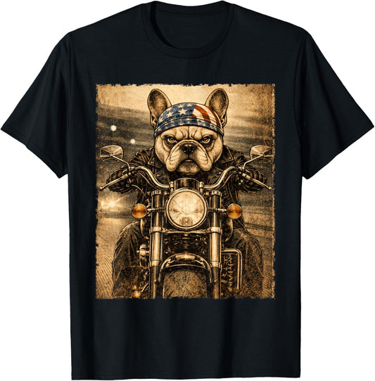 Vintage French Bulldog Dog Biker Frenchie Riding Motorcycle T-Shirt - T-Shirt | Black