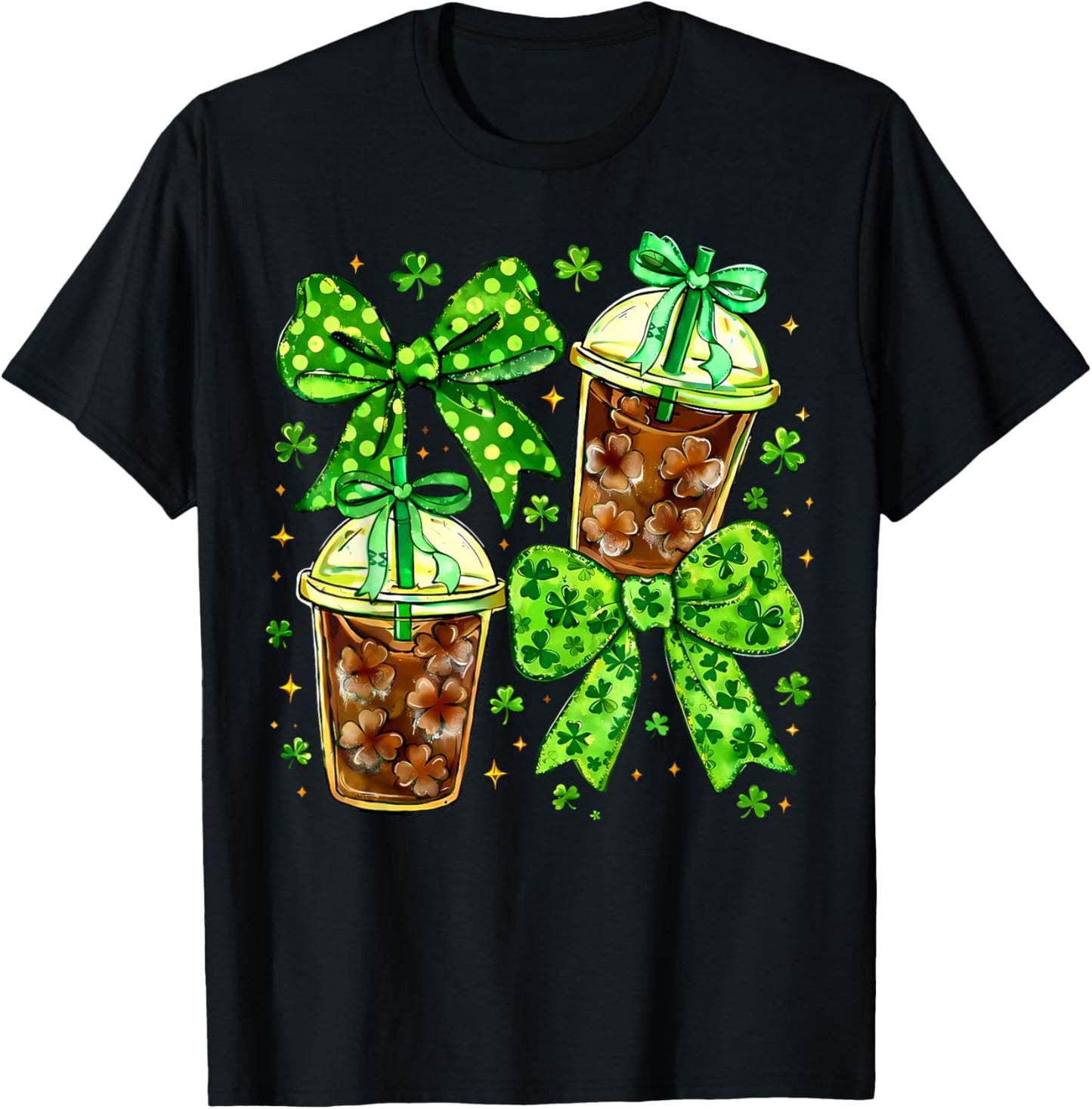 Coquette St Patricks Iced Coffee Cute Green Bow Coffee Cups T-Shirt - T-Shirt | Black
