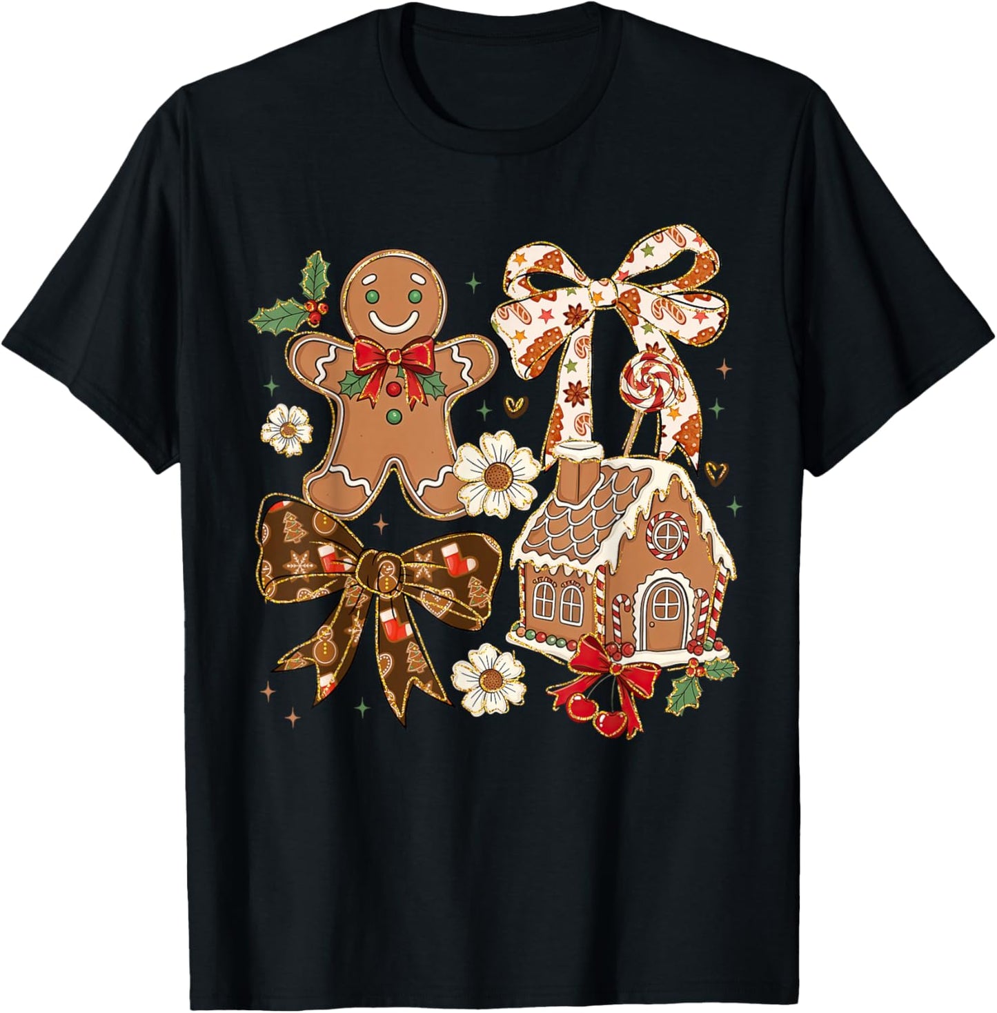 Christmas Gingerbread House Coquette Bow Xmas Girls Women T-Shirt - T-Shirt | Black