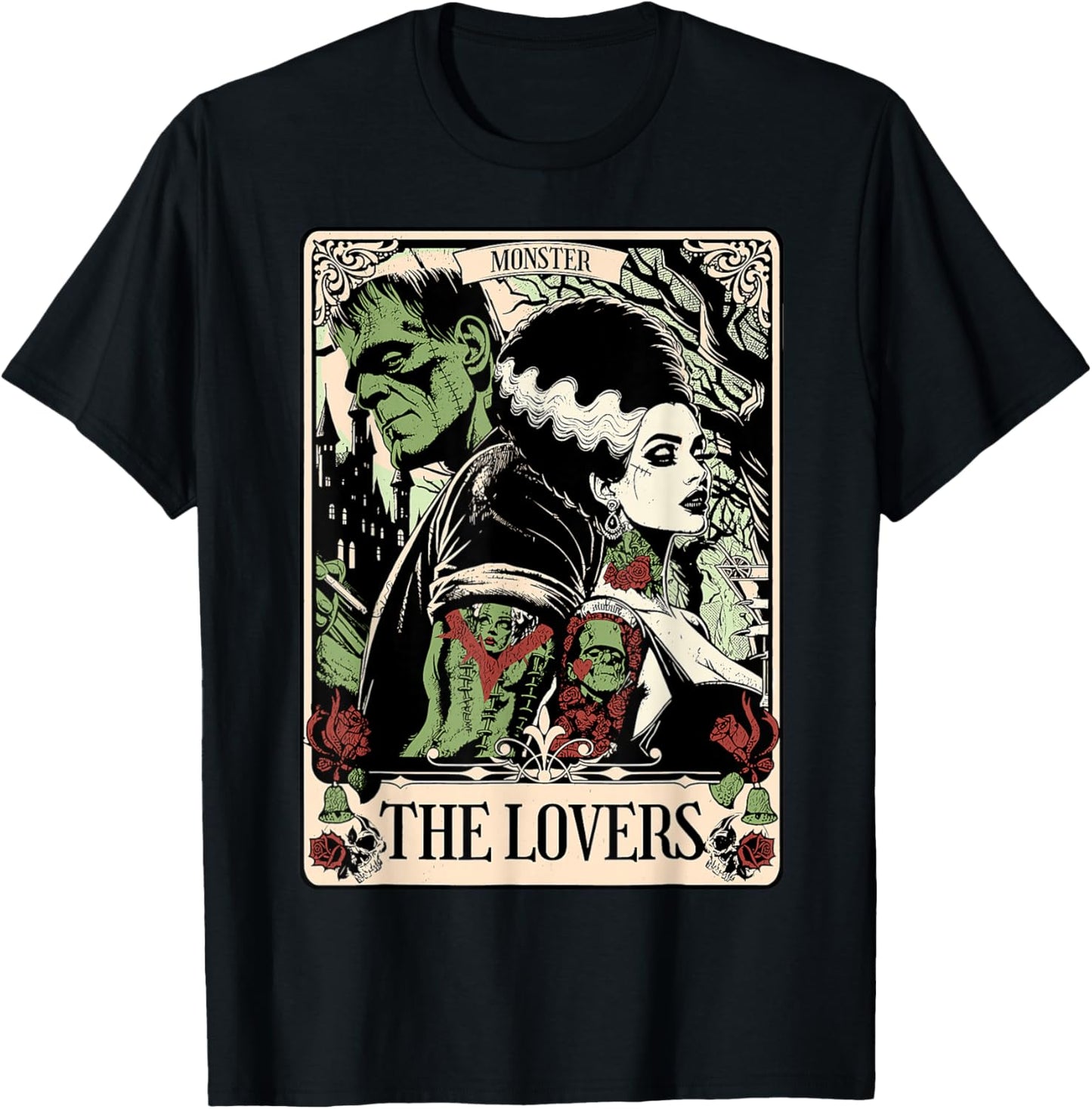 Halloween The Monster and Bride The Lovers Tarot Card T-Shirt - T-Shirt | Black