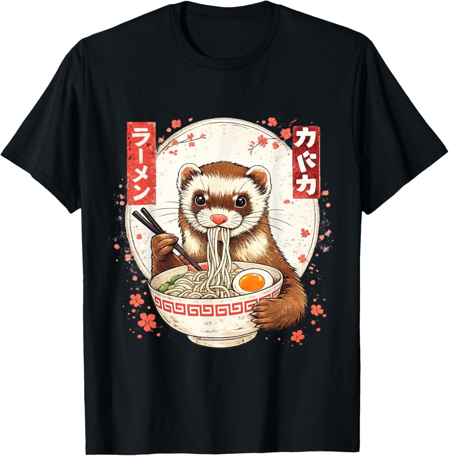 Funny Kawaii Ferret Eating Ramen Japanese Noodles Soup T-Shirt - T-Shirt | Black