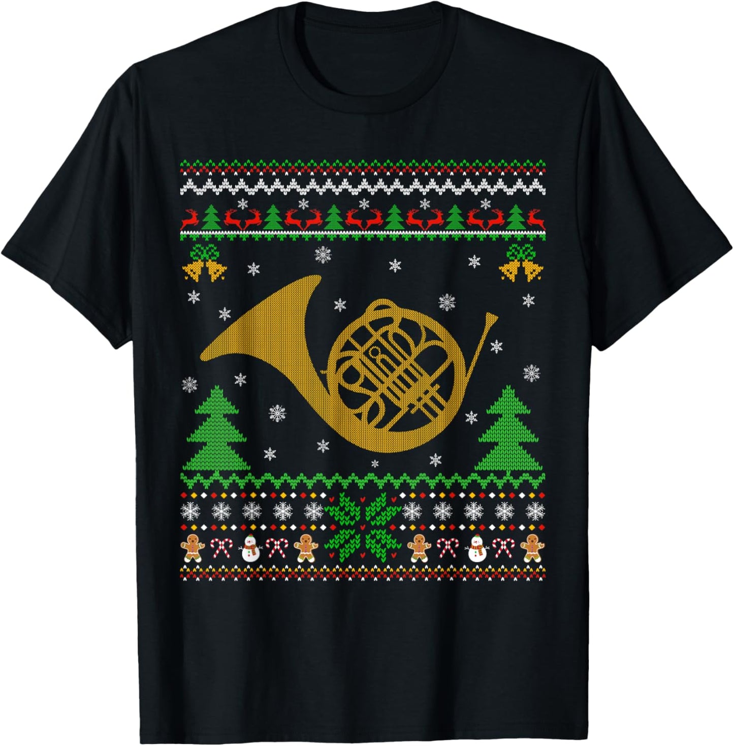 French Horn Ugly Christmas Sweaters Music Player Xmas T-Shirt - T-Shirt | Black