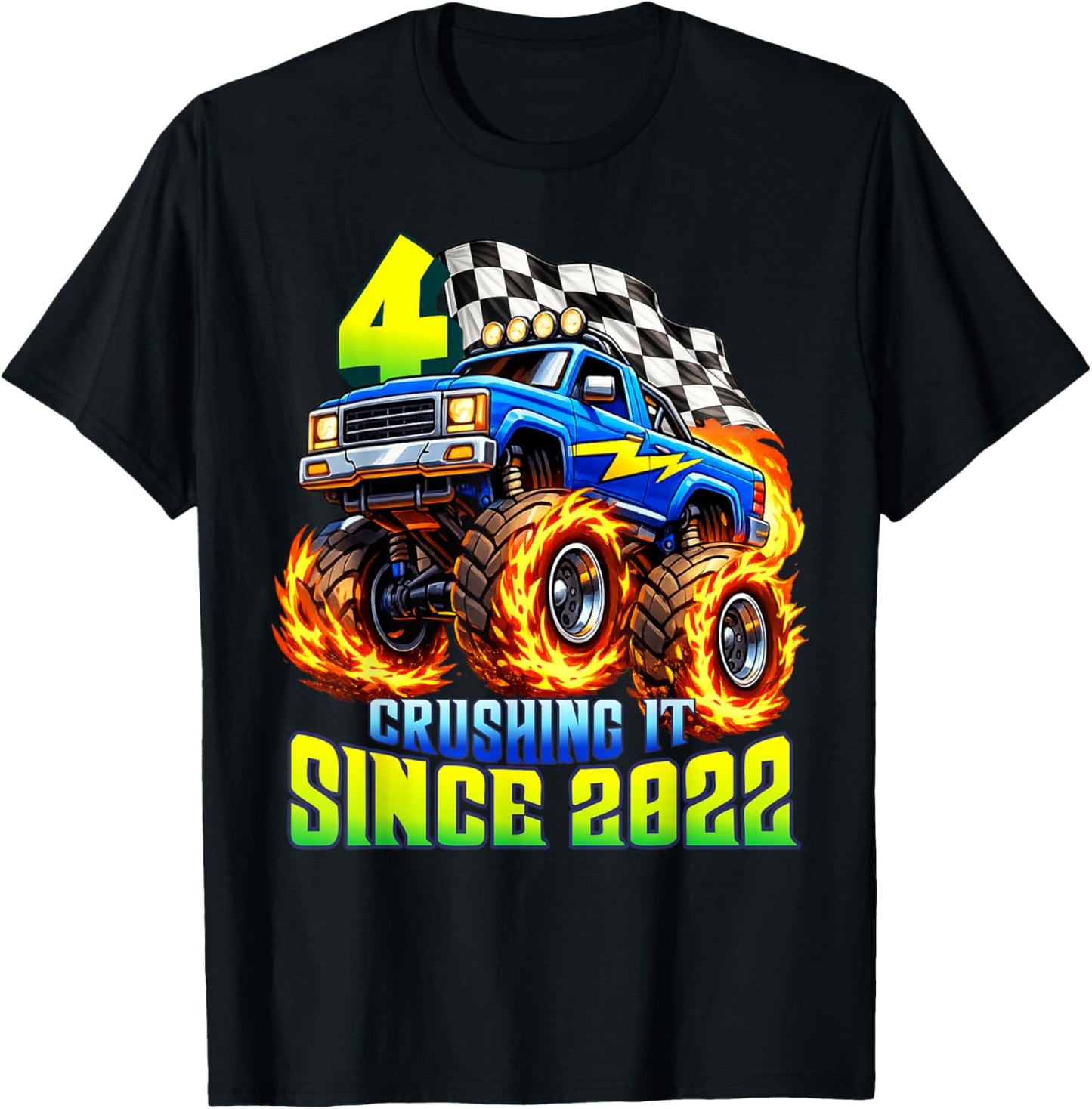 Monster Truck 4th Birthday Crushing It Since 2022 Party Boys T-Shirt - T-Shirt | Black