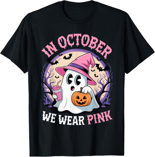 Breast Cancer in October We Wear Pink Ghost T-Shirt - T-Shirt | Black