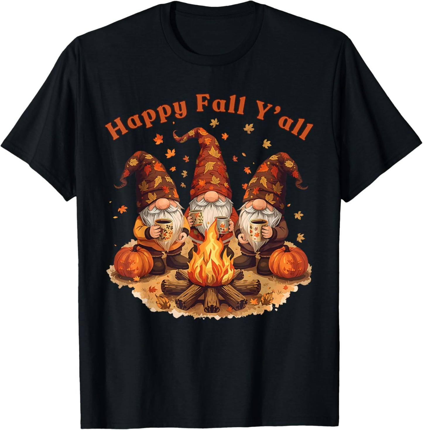 Happy Fall Y'all Gnome Pumpkin Autumn Thanksgiving Men Women T-Shirt - T-Shirt | Black