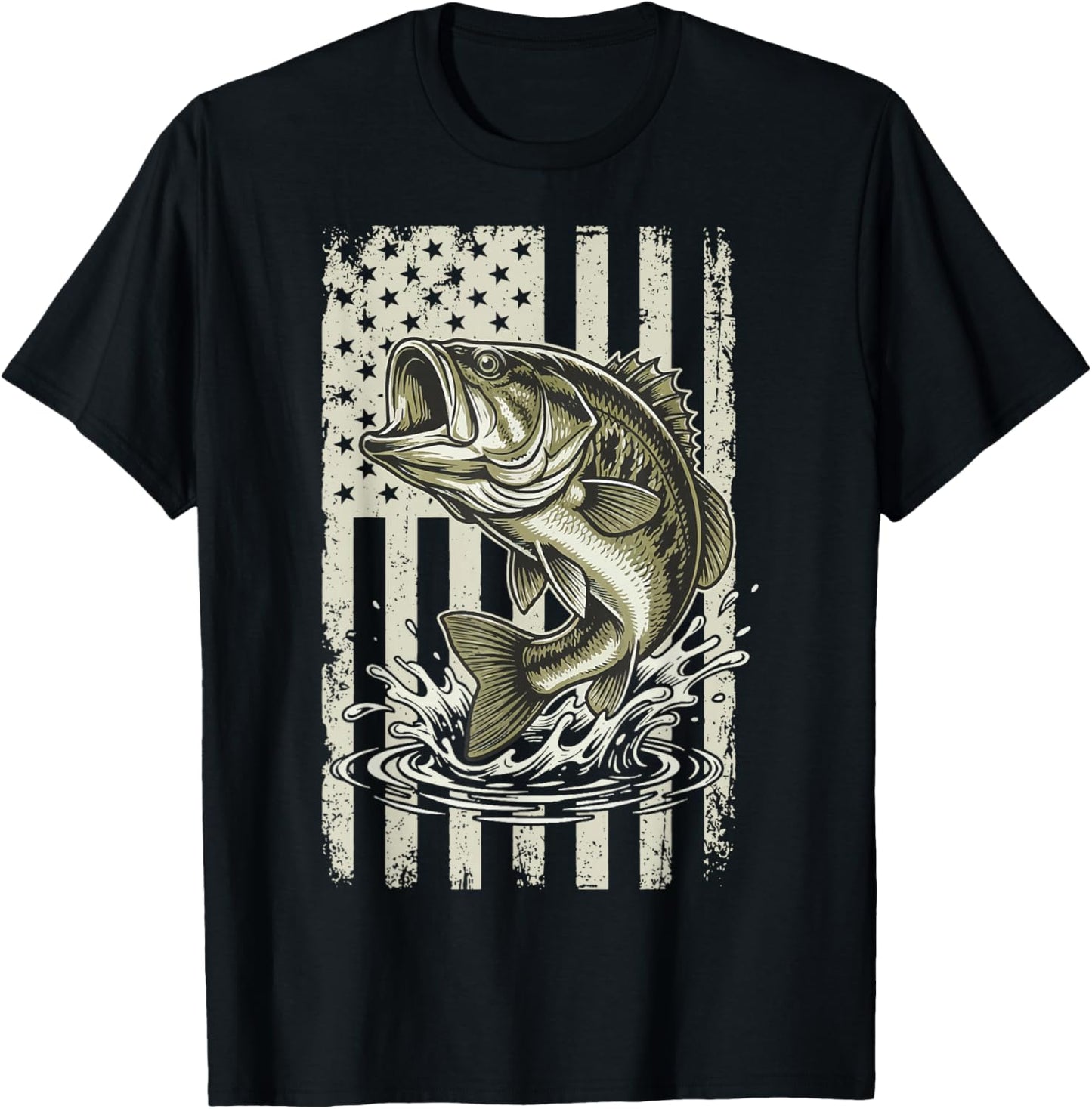 Bass Fish USA Flag Fishing 4th of July Patriot T-Shirt - T-Shirt | Black