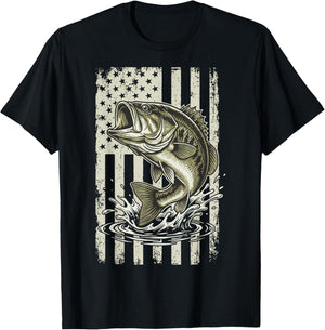 Bass Fish USA Flag Fishing 4th of July Patriot T-Shirt - T-Shirt | Black