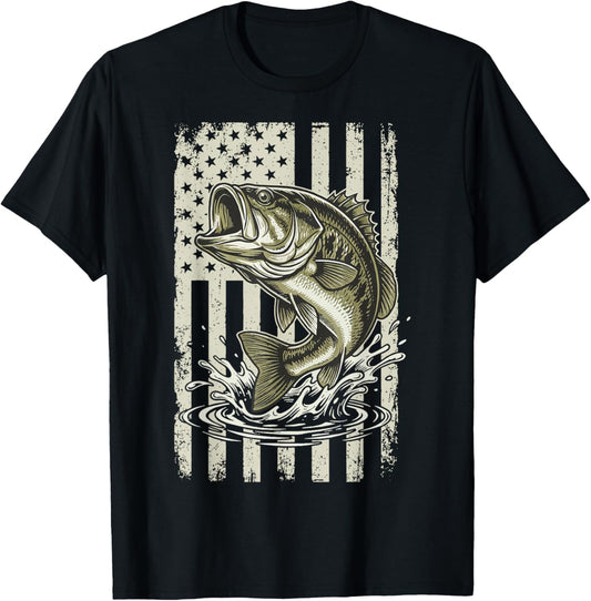 Bass Fish USA Flag Fishing 4th of July Patriot T-Shirt - T-Shirt | Black