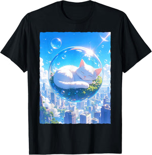 Frutiger Aero Kawaii Sleeping Cat in Bubble Aesthetic T-Shirt - T-Shirt | Black