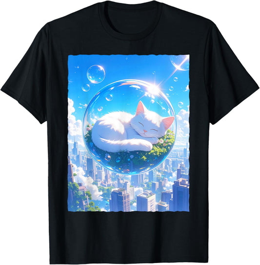 Frutiger Aero Kawaii Sleeping Cat in Bubble Aesthetic T-Shirt - T-Shirt | Black
