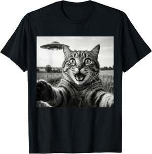 Funny Cat Selfie UFO Alien Abduction T-Shirt - T-Shirt | Black