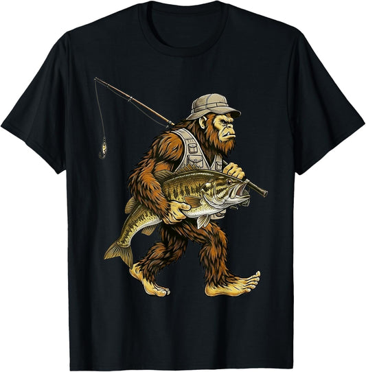Smallmouth Bass Bigfoot Fisherman River Fishing Sasquatch T-Shirt - T-Shirt | Black