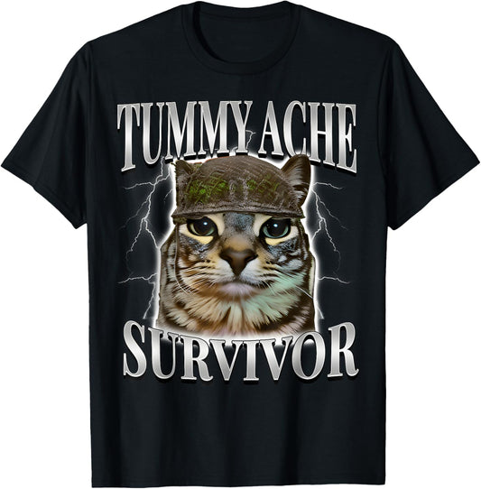 Funny Saying Cats Tummy Ache Survivor Cat Meme Humor Men T-Shirt - T-Shirt | Black