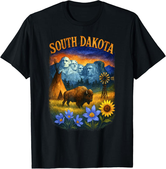 South Dakota Heritage Scene with Bison and Mount Rushmore T-Shirt - T-Shirt | Black