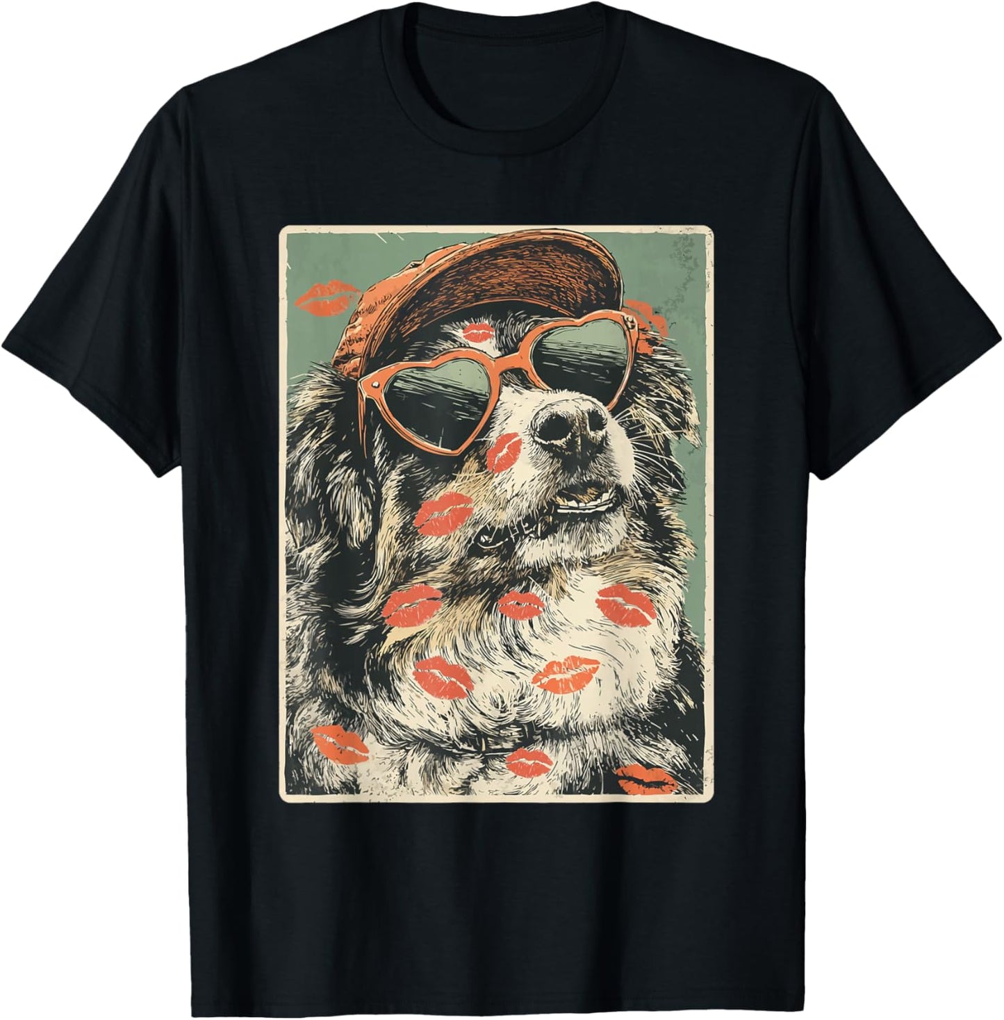 Australian Shepherd in Sunglasses Aussie Dog Valentine's Day T-Shirt - T-Shirt | Black