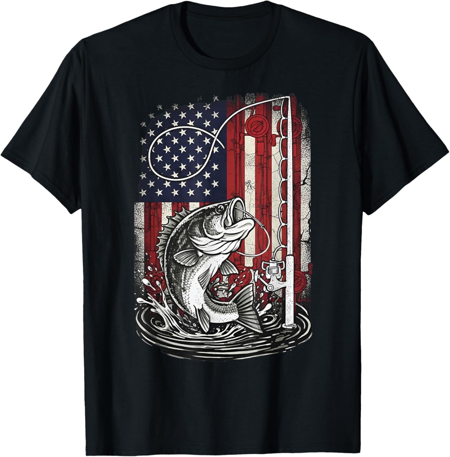 Fishing Camo Bass Fish Camouflage American Flag Fisherman T-Shirt - T-Shirt | Black