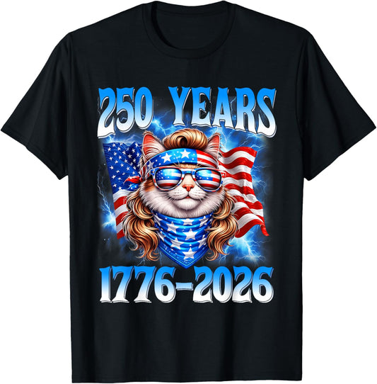250 Years American 1776 2026 250th USA Cat 4th of July T-Shirt - T-Shirt | Black