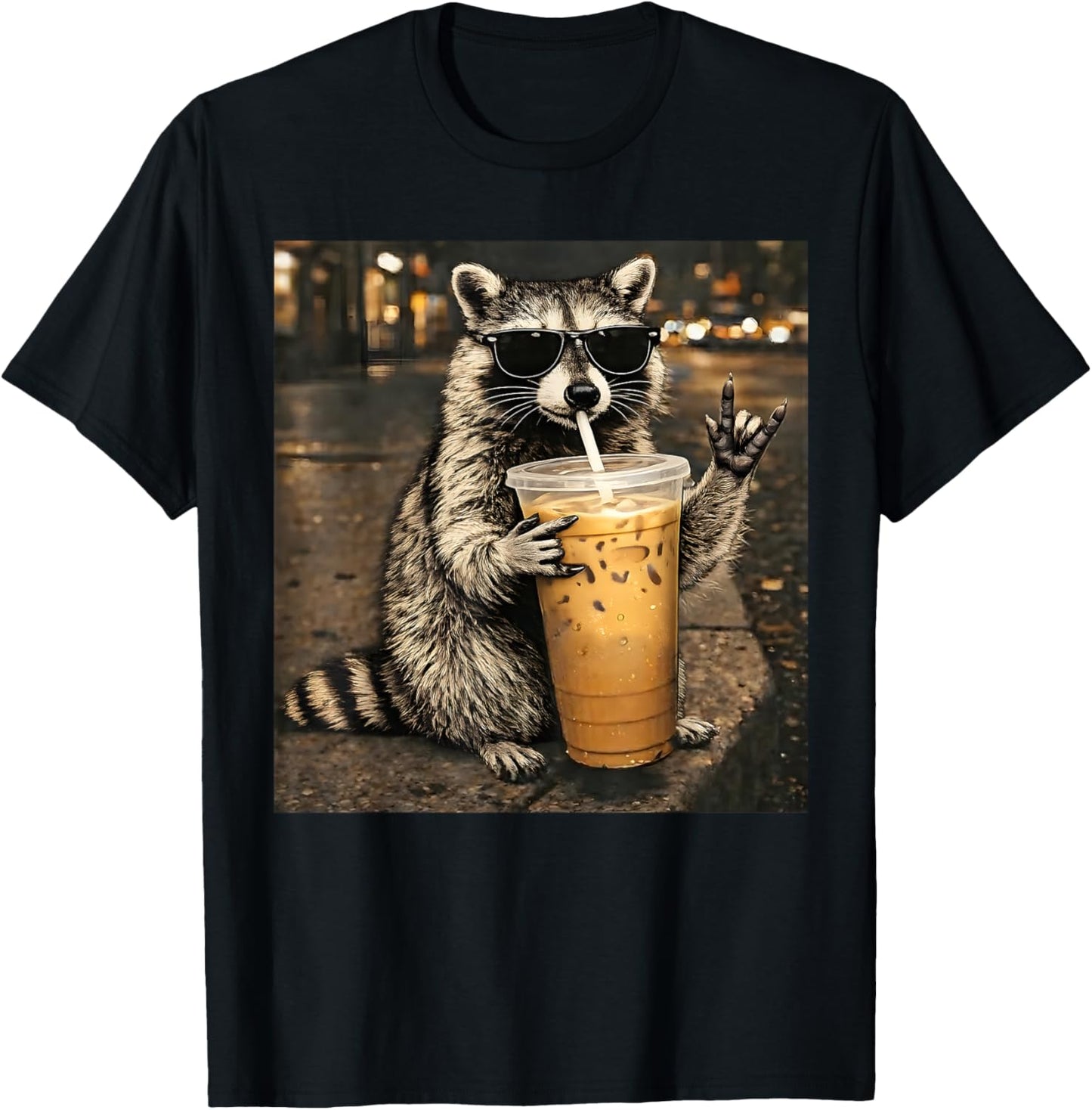 Raccoon Drinking Iced Coffee Funny Animal Meme Men Women T-Shirt - T-Shirt | Black
