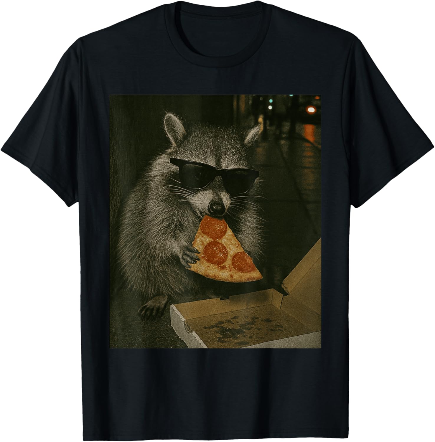 Retro Raccoon Eating Pizza Funny Racoon Meme T-Shirt - T-Shirt | Black