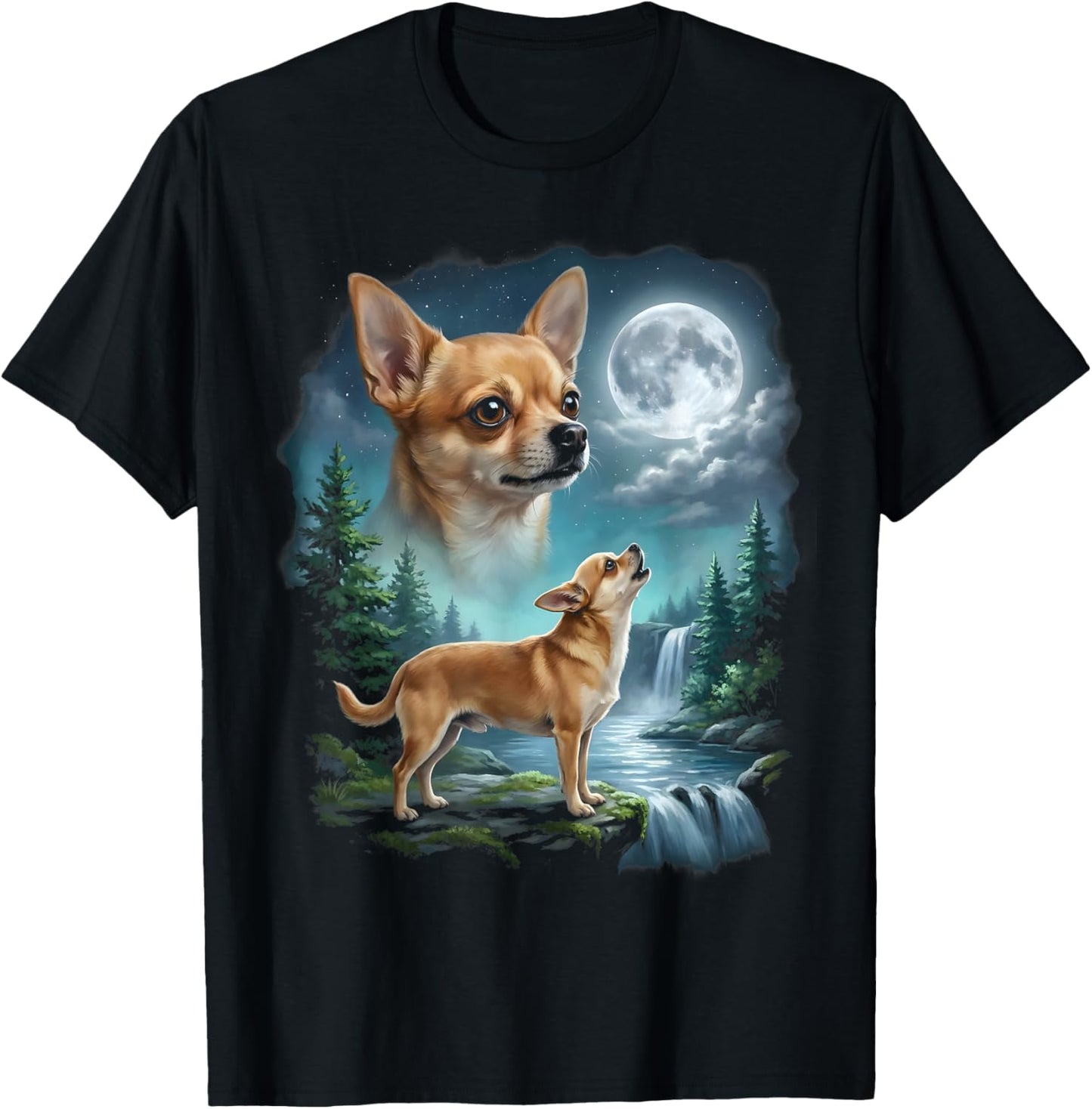 Chihuahua Dog Moonlit Night Art Chihuahua Howling at Moon T-Shirt - T-Shirt | Black