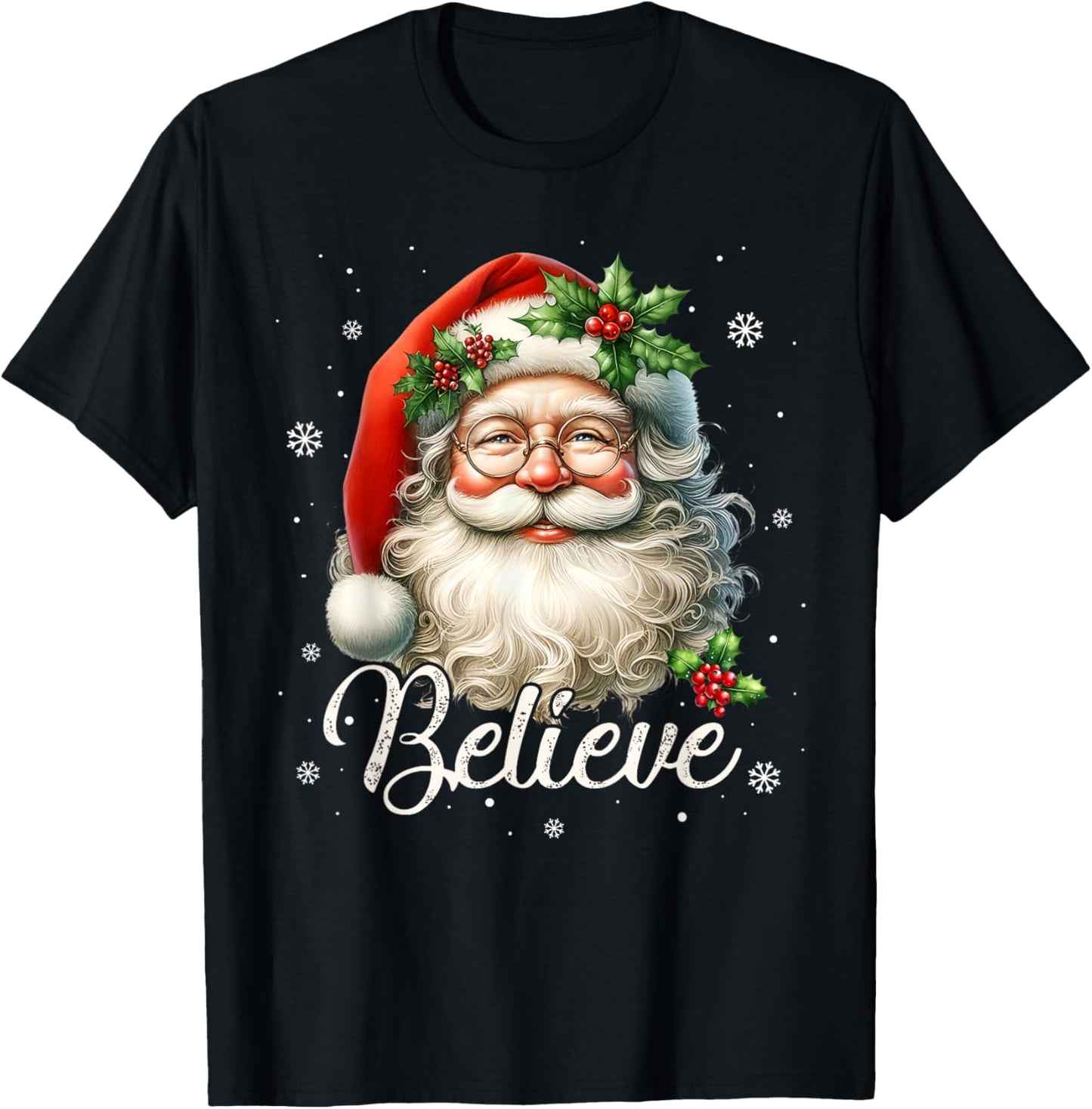Vintage Santa Claus Believe Christmas Family Women Boys Girl T-Shirt - T-Shirt | Black