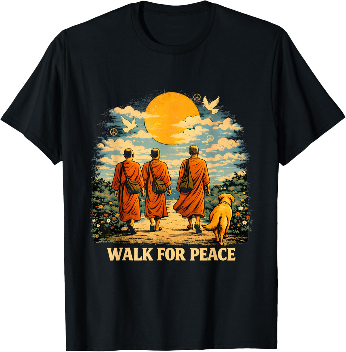Walk for Peace Monks Dog Sunset Spiritual Journey T-Shirt - T-Shirt | Black
