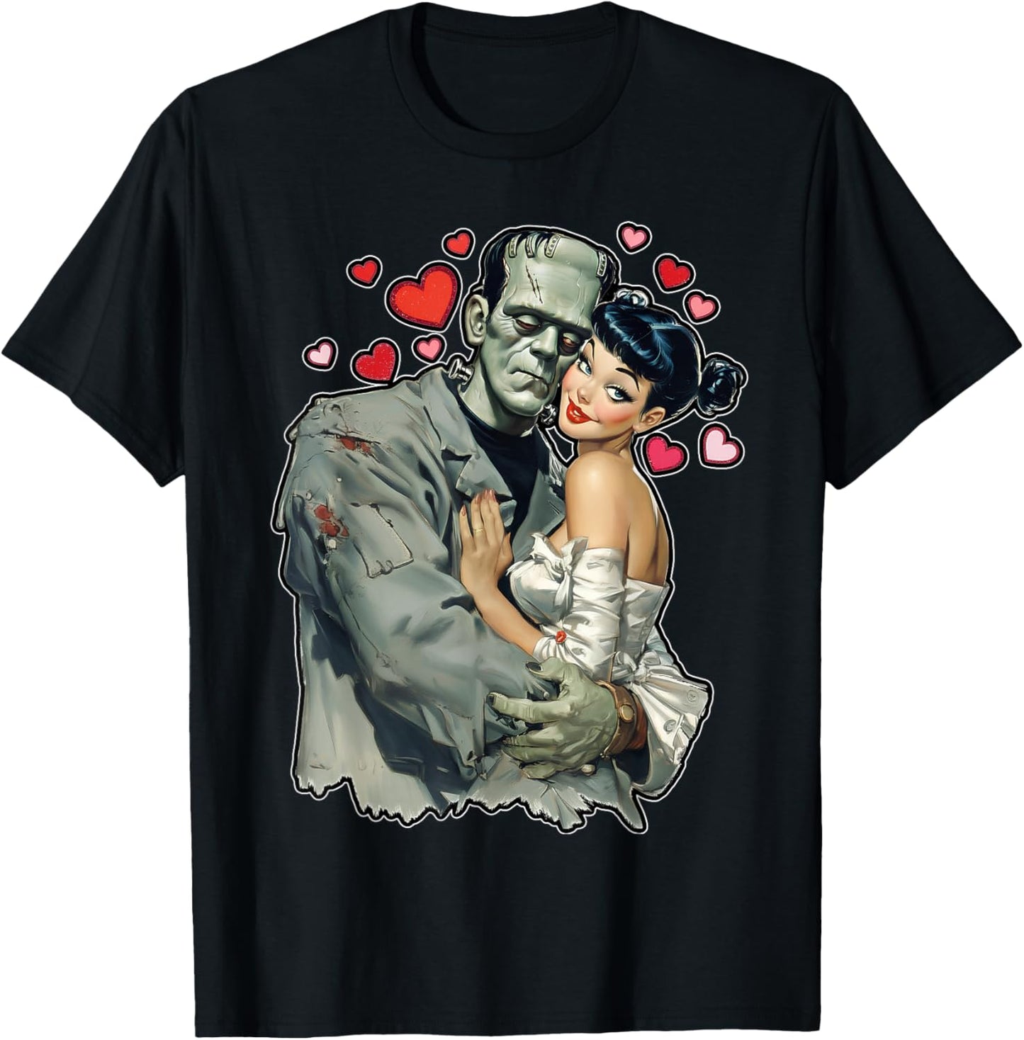 Love Heart Valentines Romantic Frankenstein and Wife Graphic T-Shirt - T-Shirt | Black