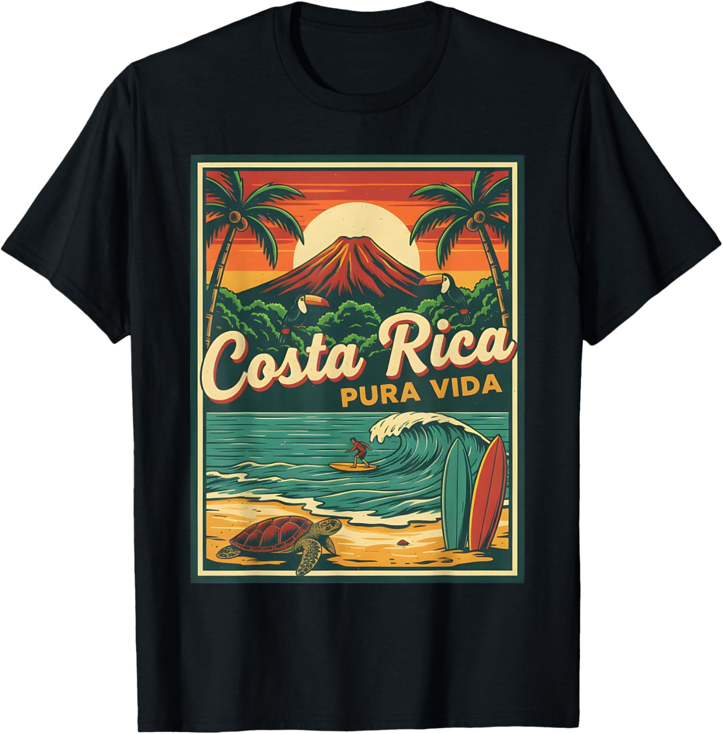 Costa Rica Pura Vida Vintage Surfer Volcano Turtle T-Shirt - T-Shirt | Black