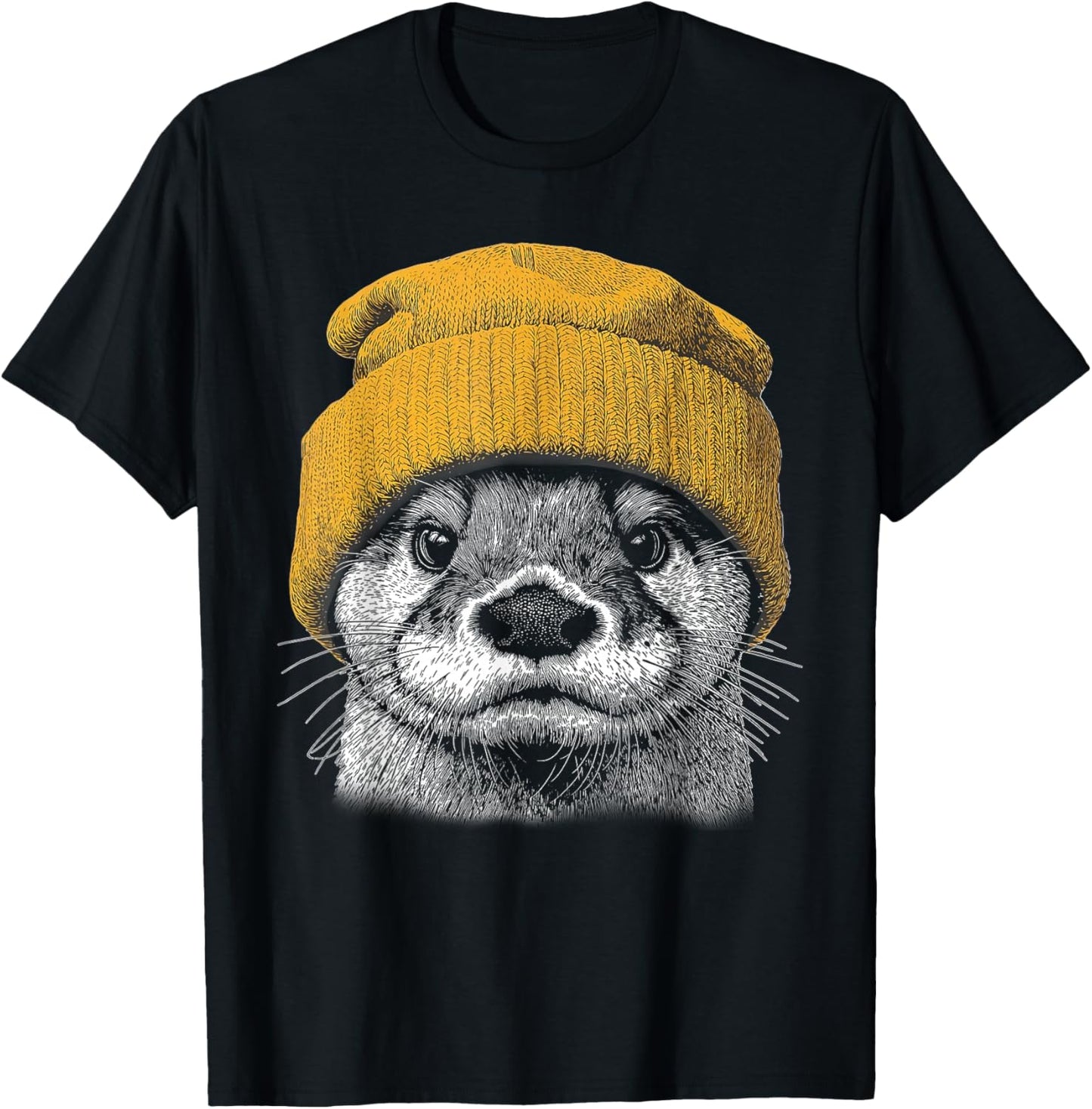 Retro River Otter Wearing Beanie Cute Otter Animal Art T-Shirt - T-Shirt | Black