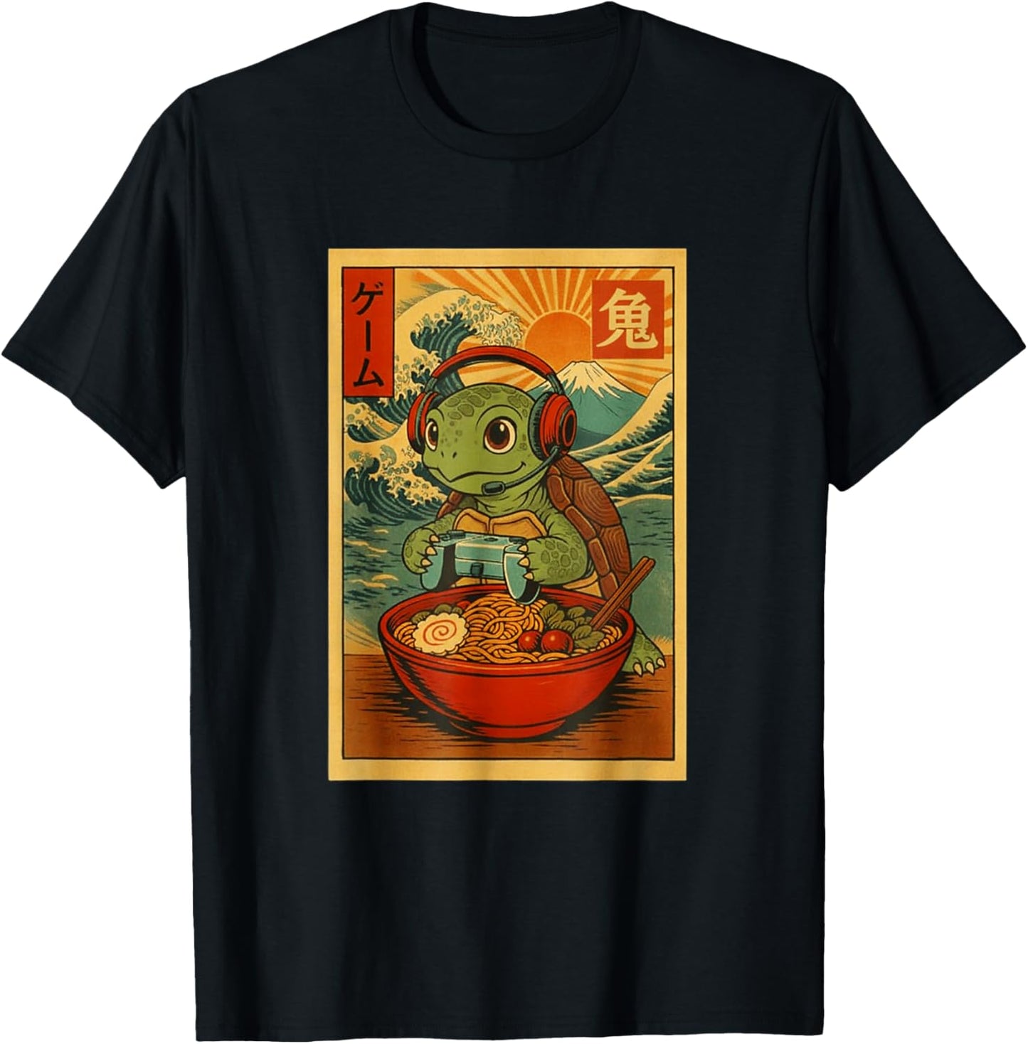 Japanese Ramen Turtle Gamer Ukiyo-e Great Wave Retro Art T-Shirt - T-Shirt | Black