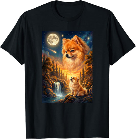 Howling to The Moon Meme Animal Dog Pomeranian T-Shirt - T-Shirt | Black