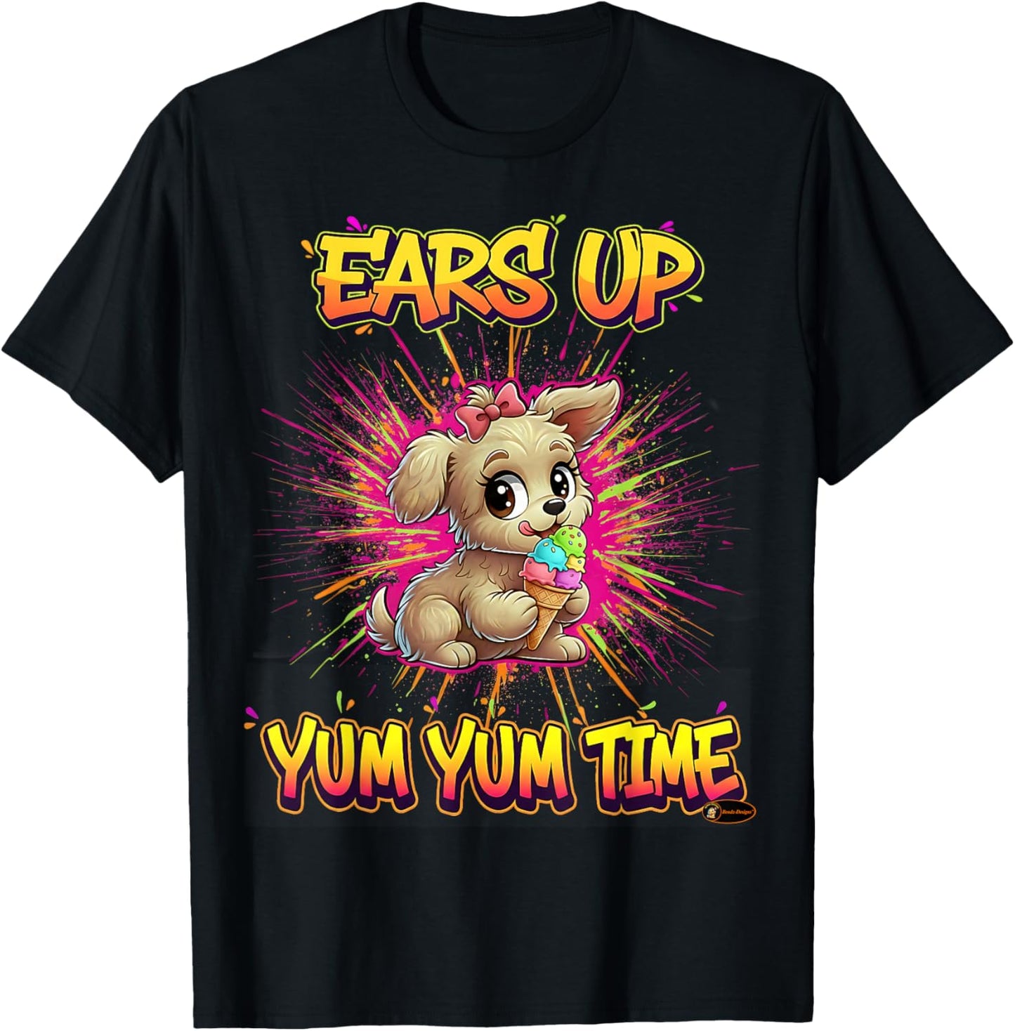 Ears Up Yum Yum Time Cute Puppy Design for Kids Dog Lovers T-Shirt - T-Shirt | Black
