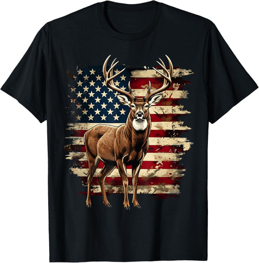 Deer Hunting American Flag Whitetail Buck Antlers T-Shirt - T-Shirt | Black