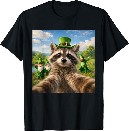 Cute Raccoon Leprechaun Hat Selfie Lucky Green T-Shirt - T-Shirt | Black